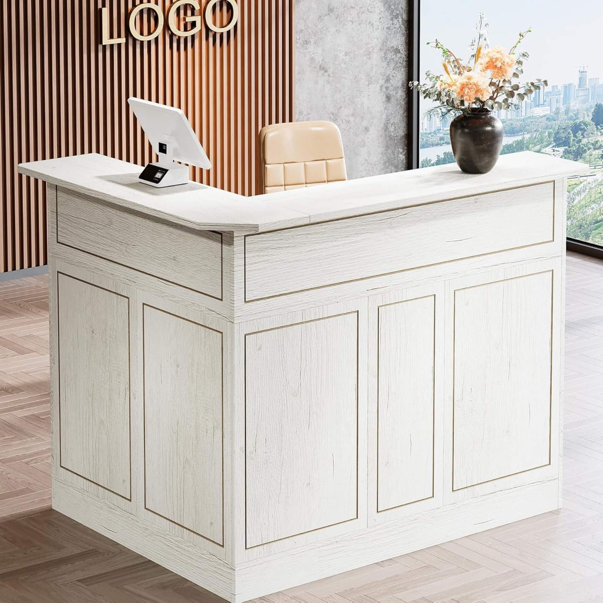 Velmor Modern L-Shaped Reception Desk with Storage Shelves