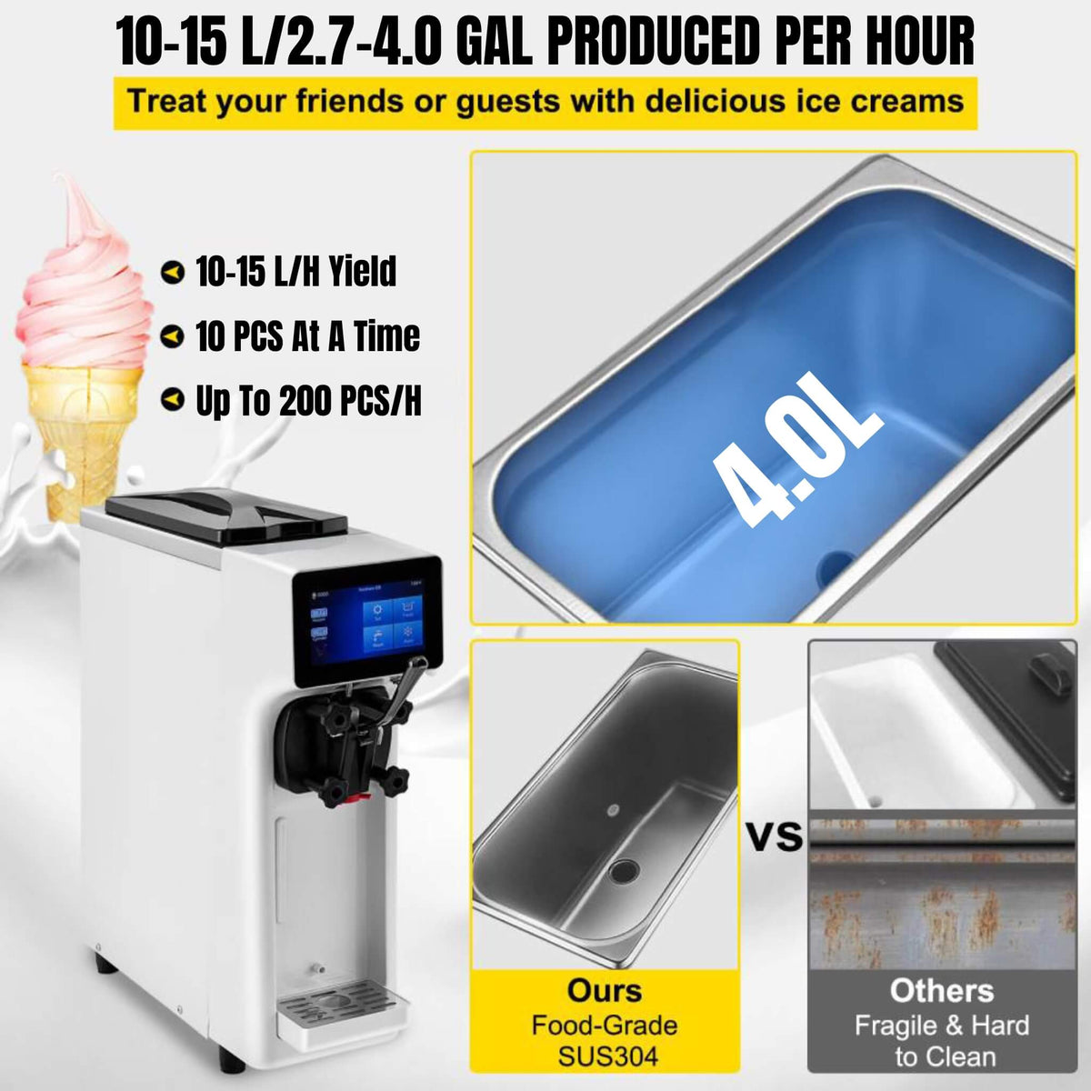 1000W Commercial Home Soft Serve Ice Cream Maker Frozen Yogurt Machine 4.0L
