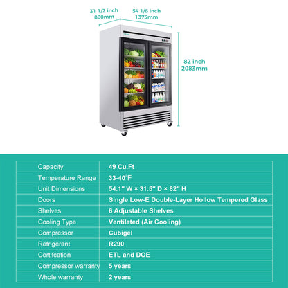 49-Inch Upright Commercial Reach-In Display Refrigerator
