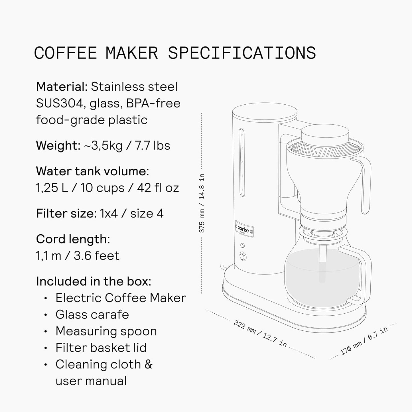 Aarke Drip Coffee Maker & Grinder – 60 Settings, Stainless Steel