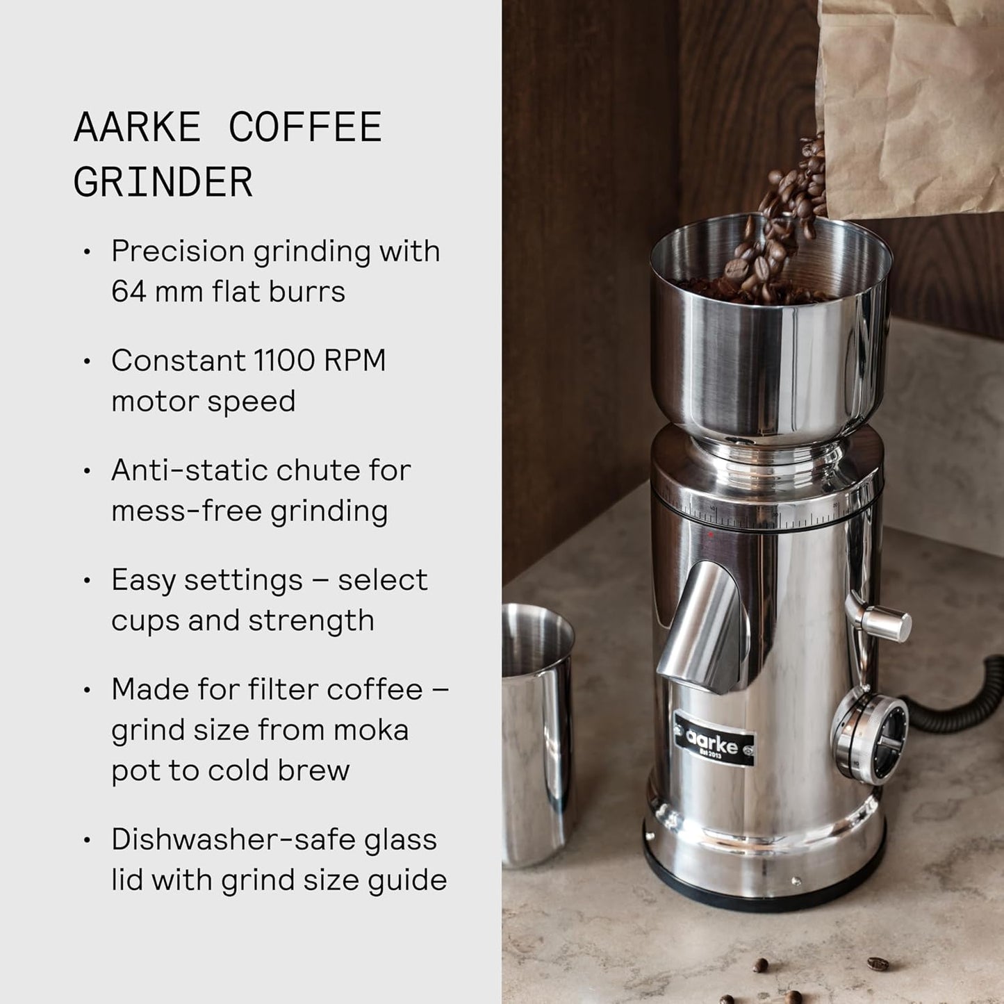 Aarke Drip Coffee Maker & Grinder – 60 Settings, Stainless Steel