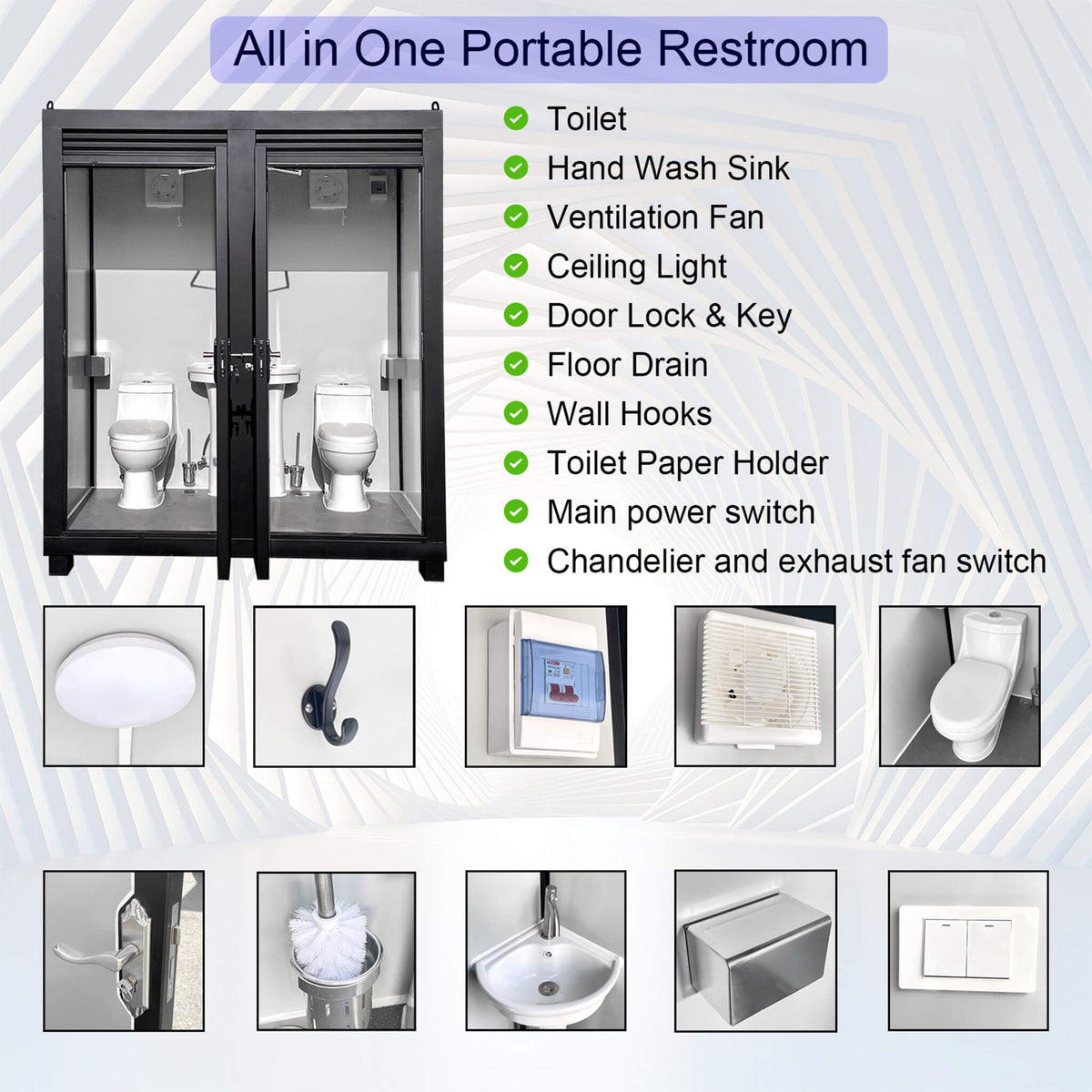 82" Two-Person Portable Outdoor Toilet Cabin with Light, Sink, and Fan