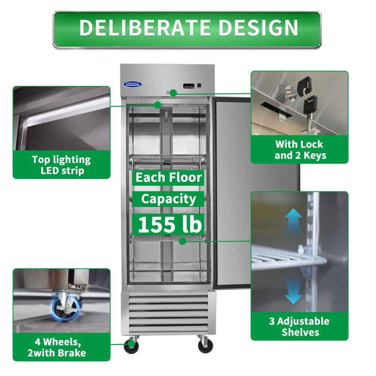 Orikool 27 Inch Commercial 23 Cu.Ft Reach-In Stainless Steel Freezer