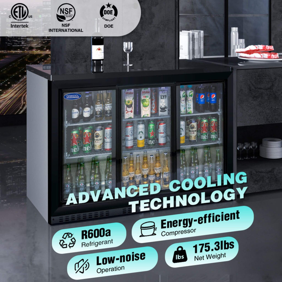 Orikool 53-Inch Energy Efficient Commercial Back Bar Drink Cooler With LED Lighting And 3 Glass Doors