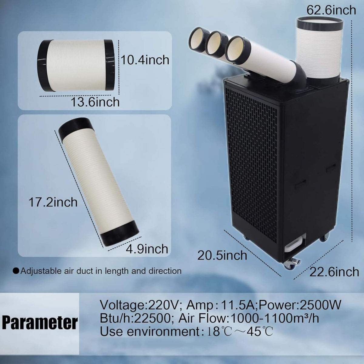 Portable 220V 2.5KW Outdoor 22K BTU Industrial Spot Cooling Air Conditioner